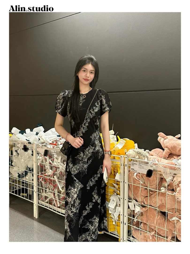 【黑藤花】（有纽扣）优雅斜裁油画花卉连衣裙收腰显瘦法式复古碎花裙