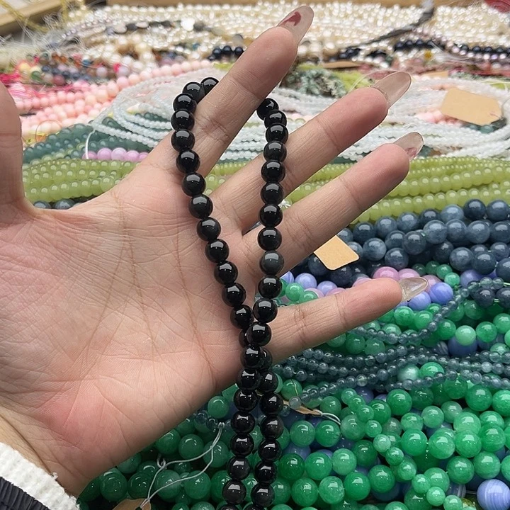 玛瑙/玉髓珠宝半成品未镶嵌一条6mm左右黑曜石珠