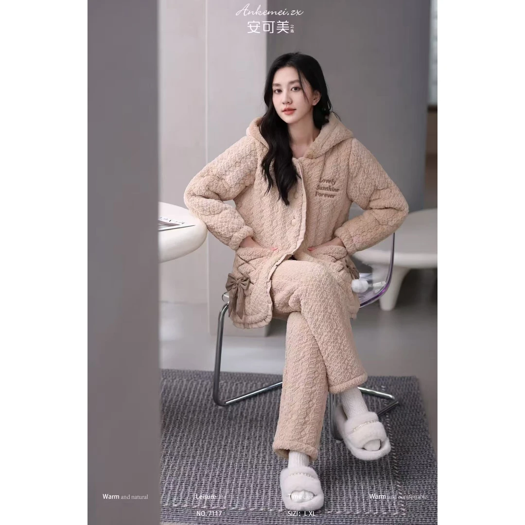 冬季【7117】女士连帽时尚睡衣休闲居家保暖甜美公主风家居服套装