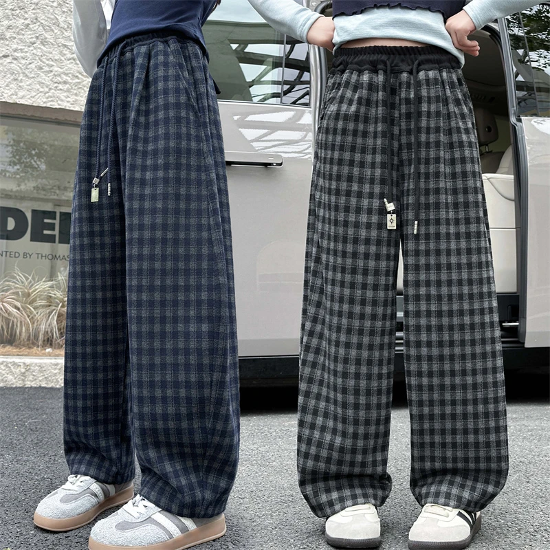 女童格子裤子秋季2025新款儿童阔腿裤洋气时髦女大童直筒裤子春秋