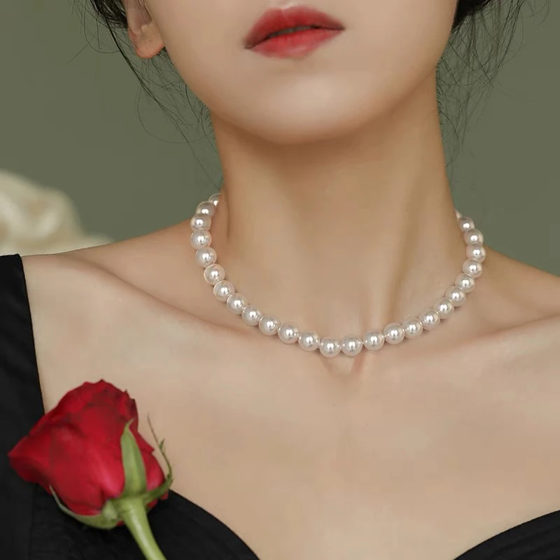 链子925银 618强光项链元宝扣经典冷白光正圆全珠链气质妈妈链