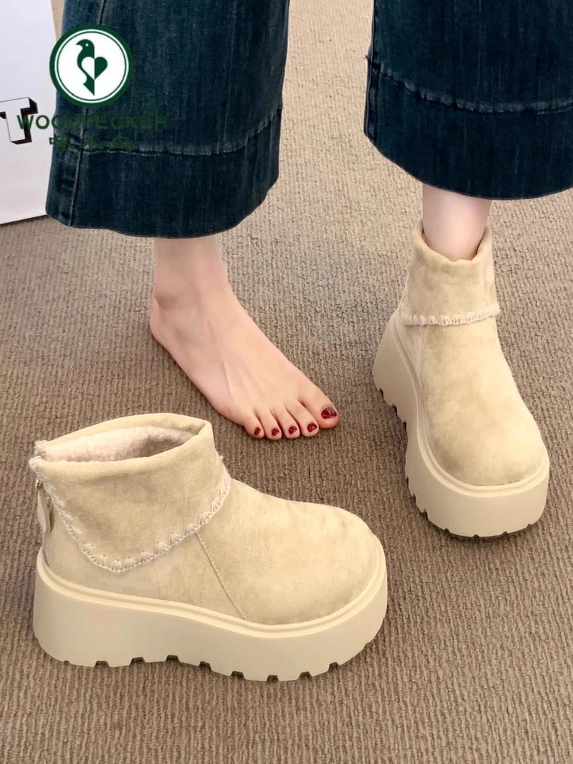 啄木鸟厚底增高小个子雪地靴子女2025秋冬季新款加绒百搭时尚短靴