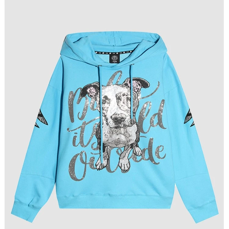 TCH轻奢烫钻工艺时尚洋气百搭萌宠蓝色卫衣女T21112C6037tch