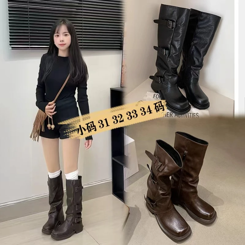 31码起增高皮带扣方圆头褶皱高筒骑士靴女韩版褶皱小个子33码