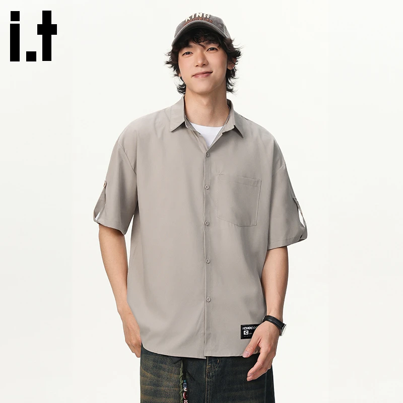 i.t:CHOCOOLATE卡其色潮牌衬衫男士短袖2025夏季新款宽松高级衬衣