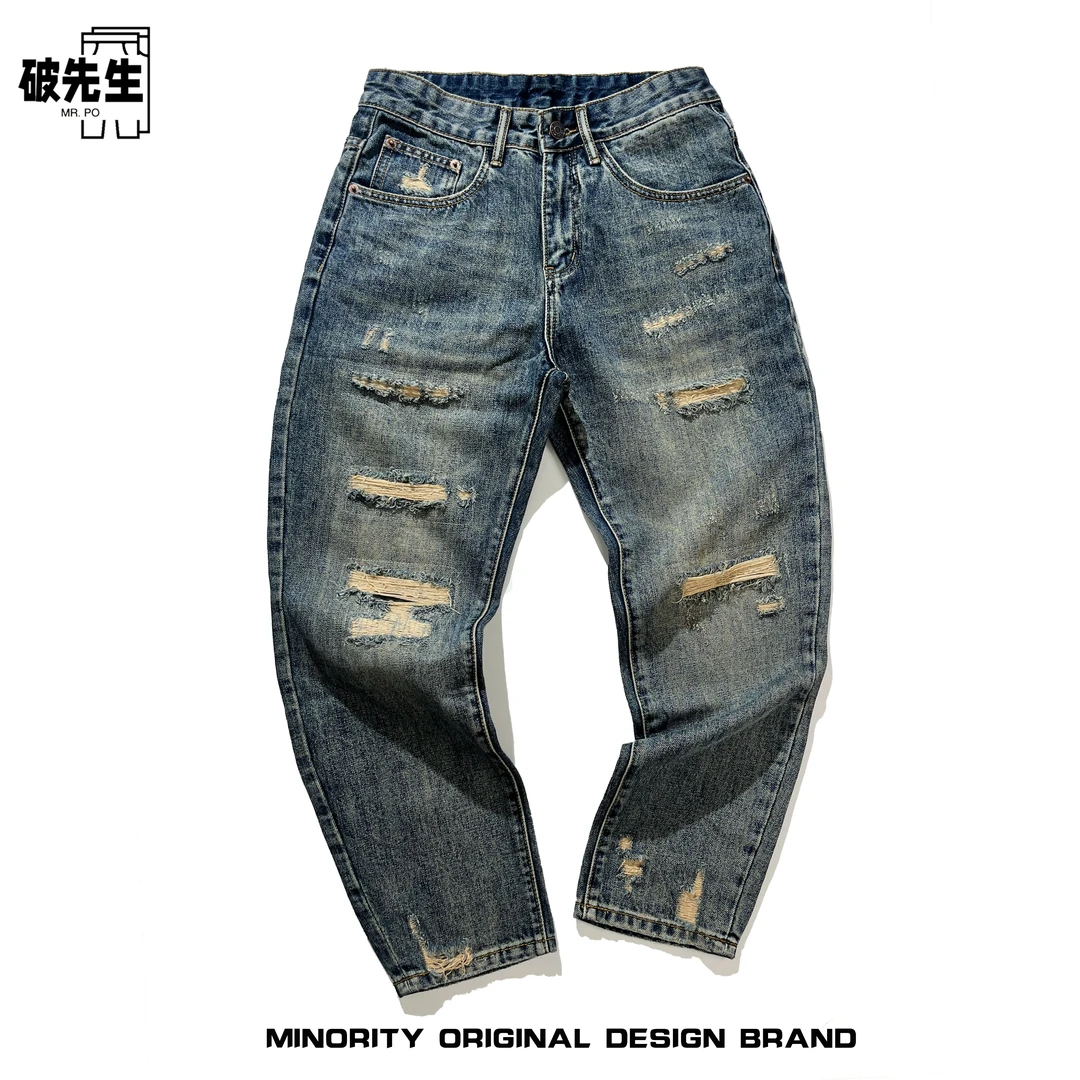Mr.po/破先生美式高街痞帅乞丐补丁破洞牛仔裤男刮烂直筒宽松潮牌