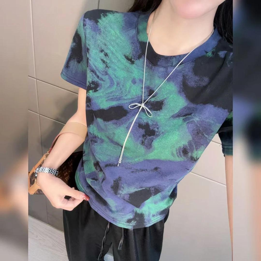 2025夏季新款 欧货满印圆领短袖T恤女时尚百搭上衣5522#