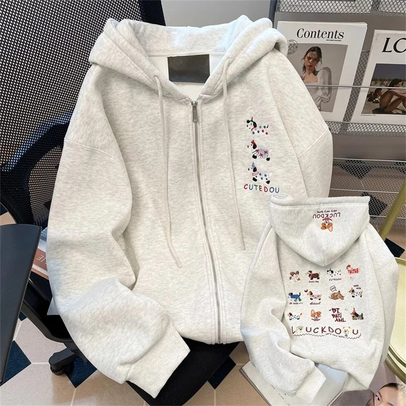 韩系可爱卡通刺绣浅灰色连帽卫衣女秋冬加绒加厚慵懒宽松百搭上衣