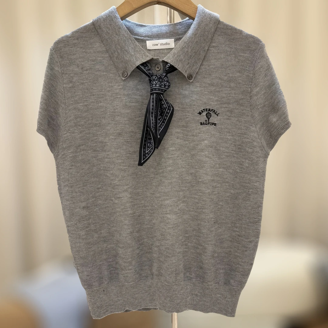 zaw夏季冰丝针织衫短袖女大码胖mm领结POLO领上衣显瘦遮肚子25281