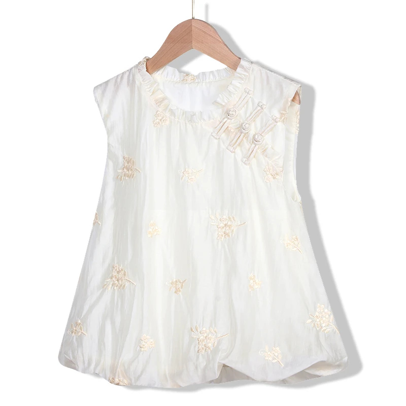 女童新中式上衣夏季刺绣花朵无袖背心复古盘扣青少女学生上衣