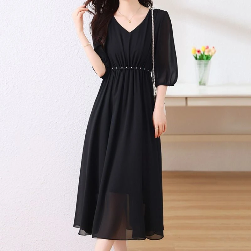 大码女装2025夏季收腰显瘦减龄连衣裙胖高腰短袖裙子雪纺连衣裙