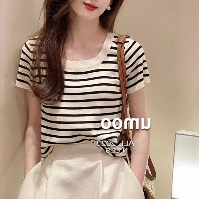 黑杏条纹U型领短袖t恤女2025年夏季欧货时尚宽松小个子设计感上衣