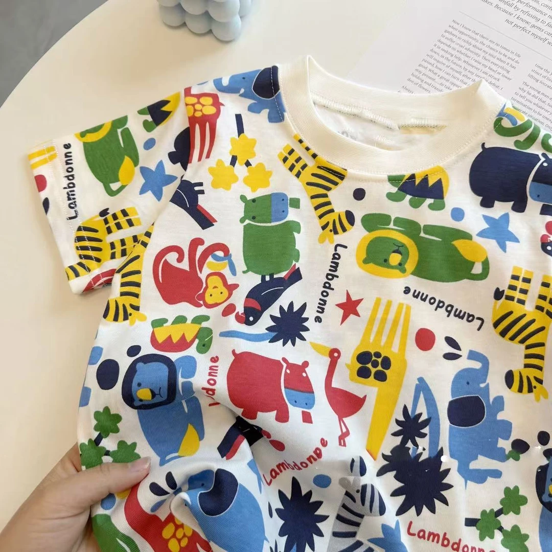 纯棉儿童卡通满印短袖~夏季新款男童可爱水印薄款半袖上衣T恤衫潮