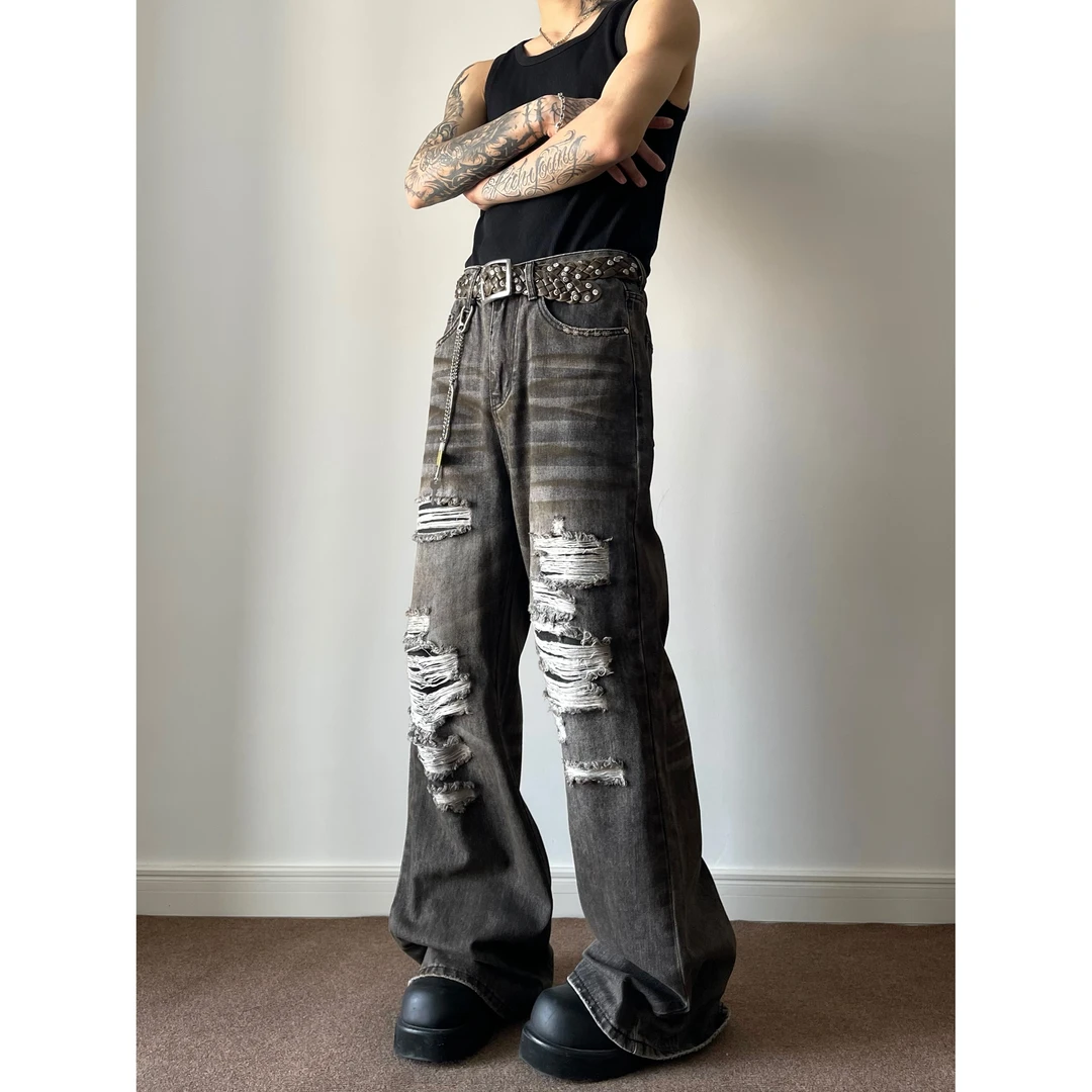 DAYAOBUTAIG美式复古小众大破坏水洗做旧牛仔裤直筒设计感阔腿裤