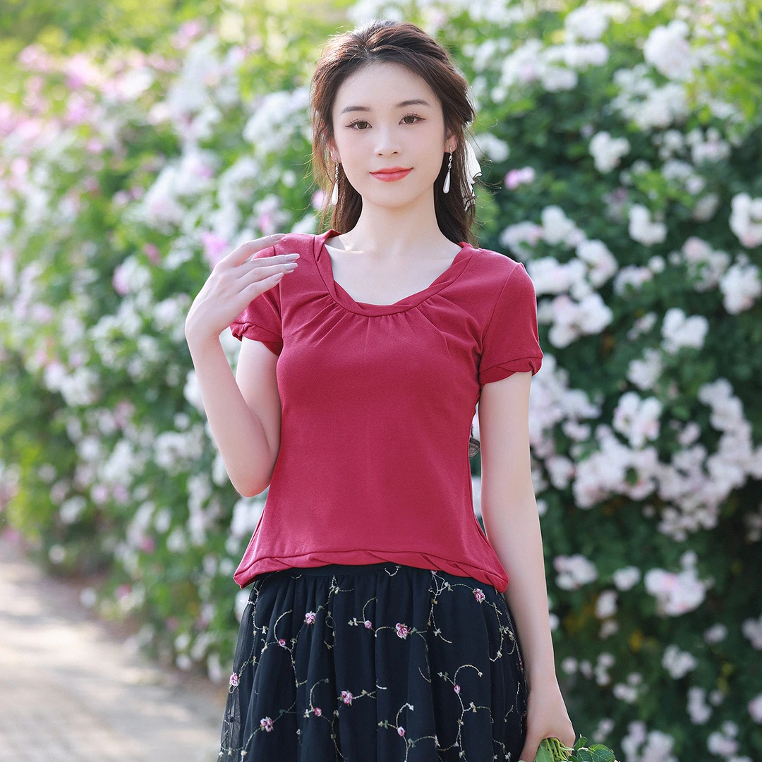 烟花烫国风复古红色气质短袖棉t恤女夏季新款小个子显白上衣 半兰