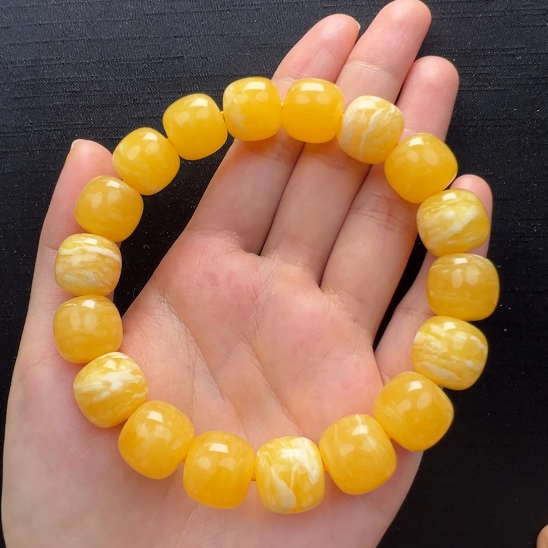 你***。琥珀未镶嵌裸石焦皮同料橘红浓蜡虎皮纹手串13mm