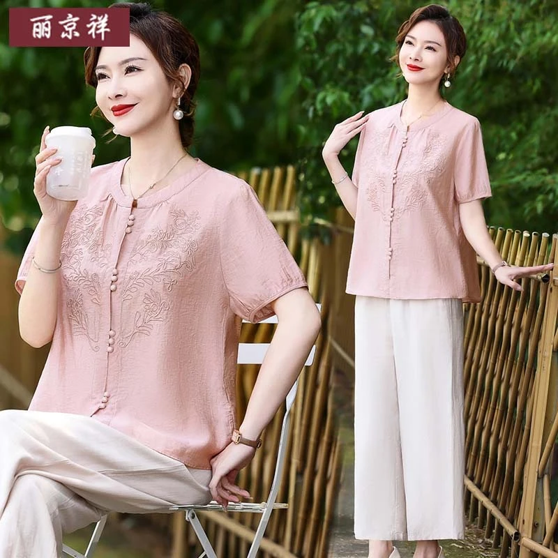 妈妈气质新中式国风短袖女夏装时尚中老年夏季洋气上衣服大码宽松