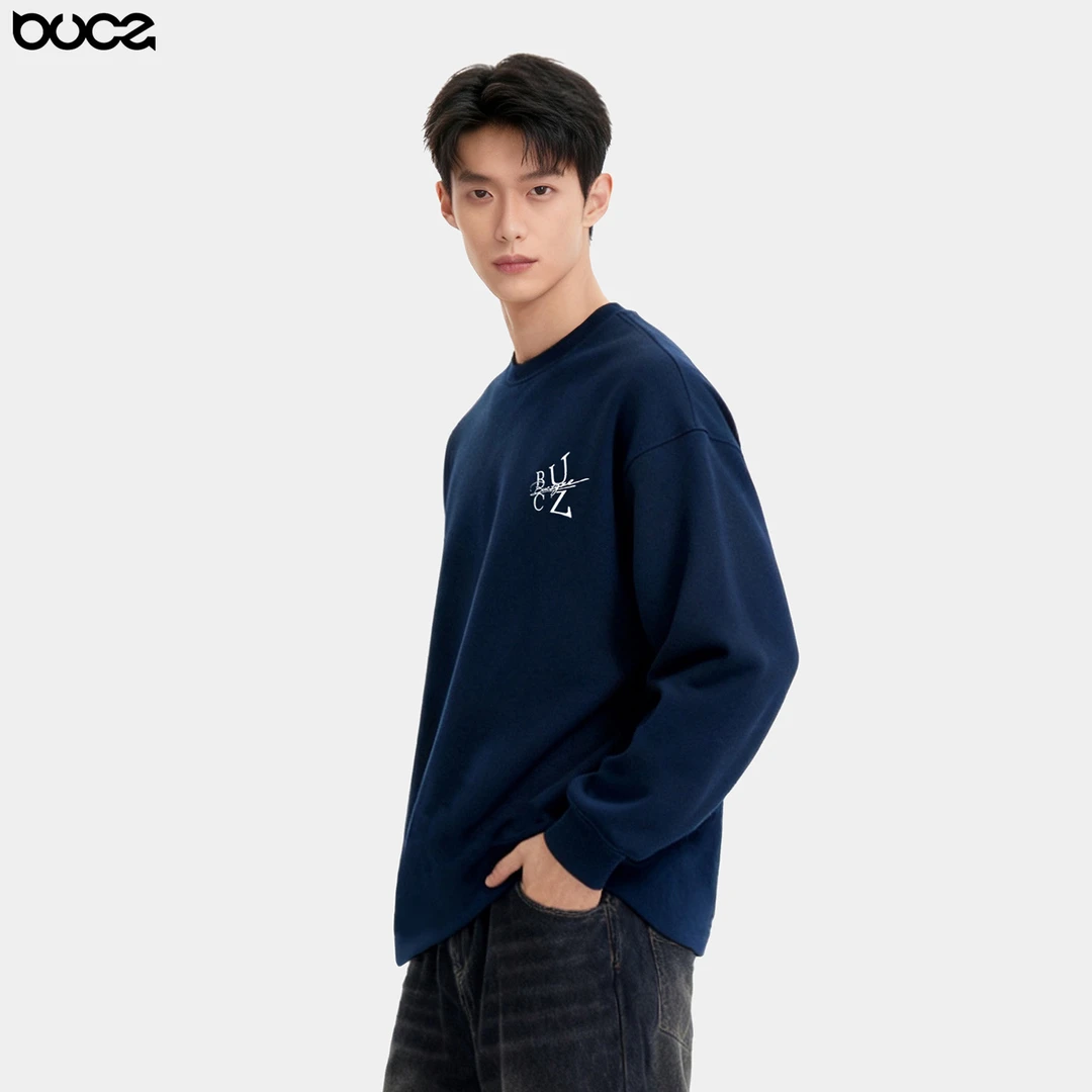 BUCZGZE纯棉300g长袖T恤都市巴恩风内搭男士套头衫卫衣男士宽松