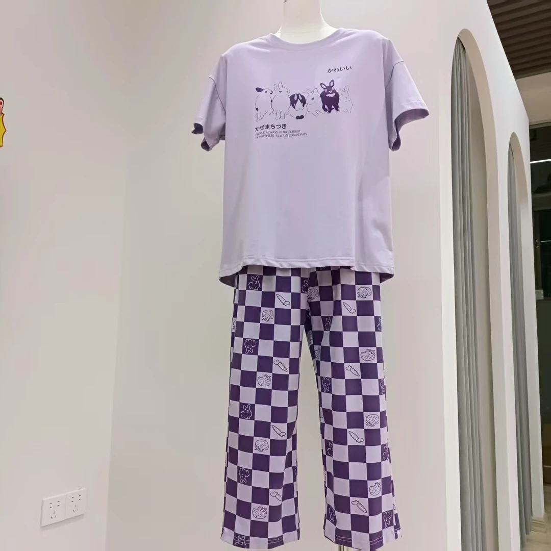 芬亿夏季爽棉睡衣女时尚休闲宽松格子印花棋盘格潮流圆领卡通套装