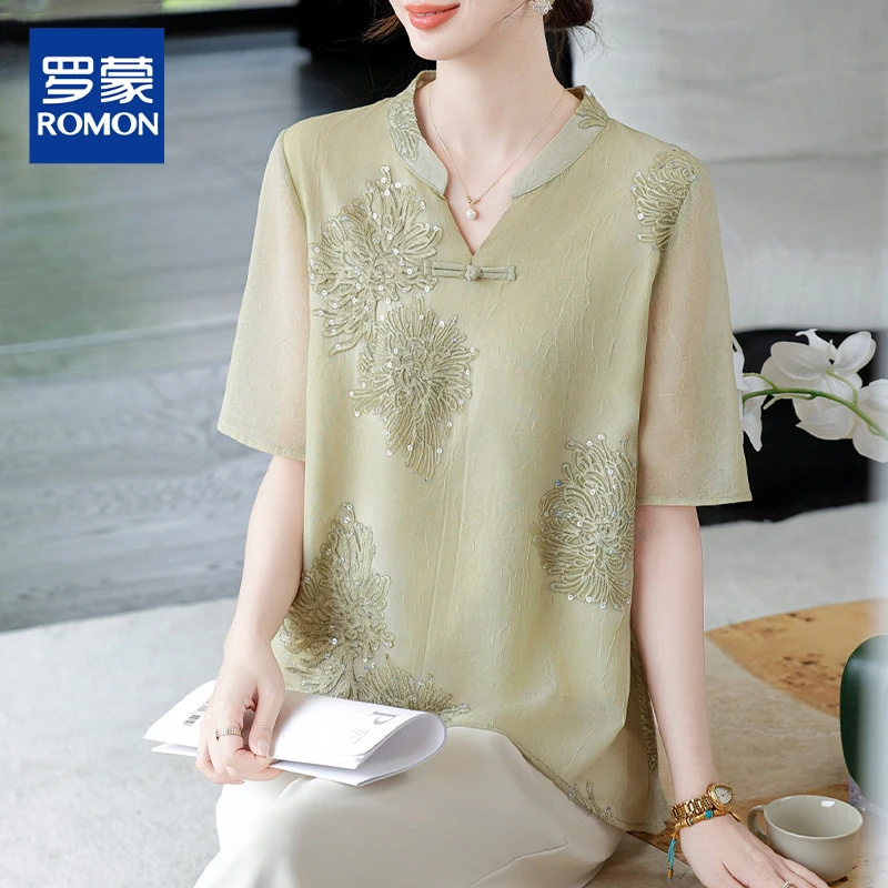 年轻妈妈夏装雪纺小衫套装中年妈妈装洋气上衣中老年夏季短袖衬衫