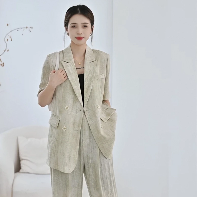 胖mm大码夏季薄款短袖西装套装扎染加肥直筒裤洋气显瘦短袖两件套