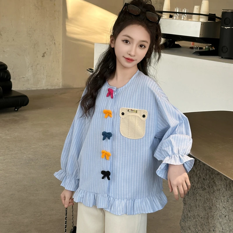 女童春秋款韩系休闲条纹衬衫2025新款中大童儿童时髦洋气长袖上衣