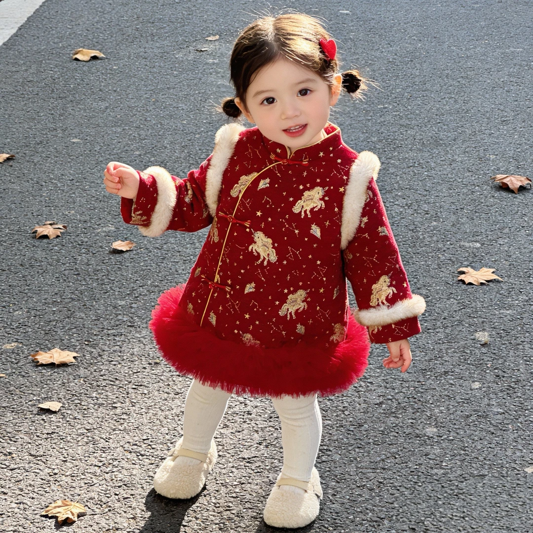 女小童唐装中国风拜年服冬季女宝宝加厚过年衣服喜庆汉服旗袍裙