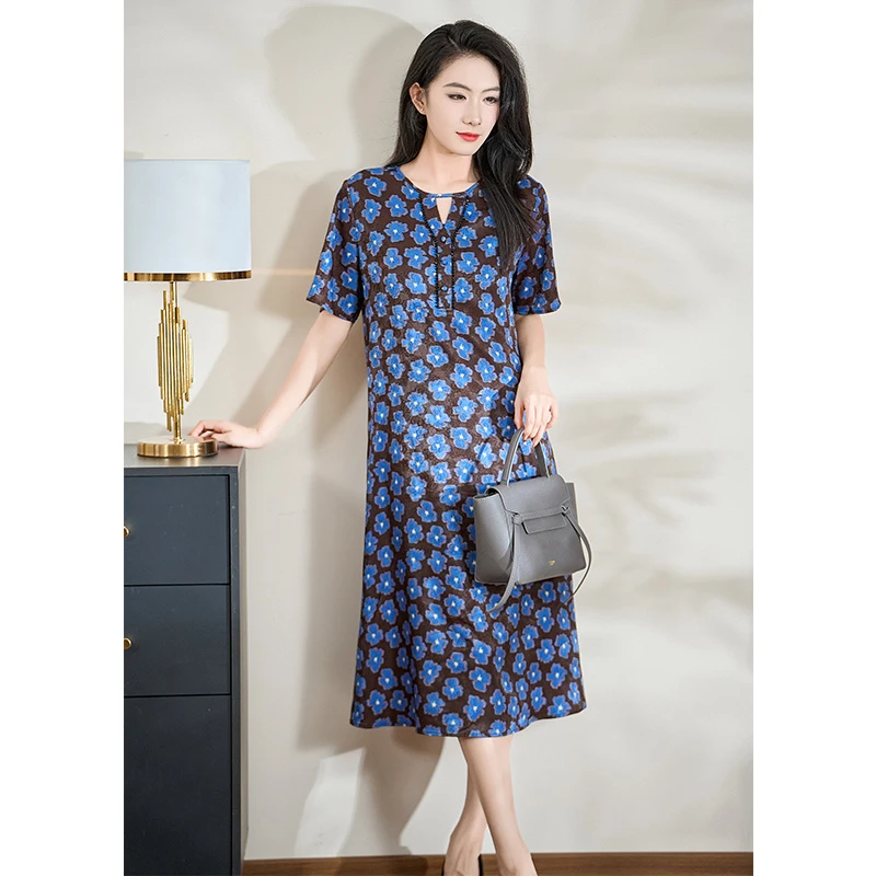 迪欧芙2025年夏季新款花色百搭气质时尚复古女装连衣裙#XLQ87958