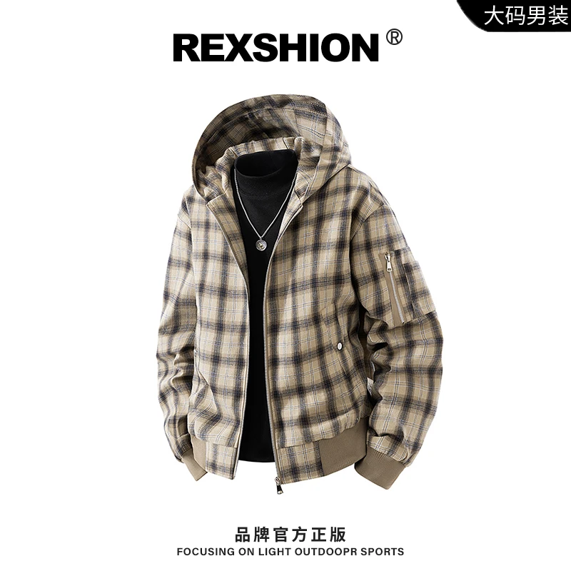 REXSHION秋季新款美式复古男风潮流宽松夹克男条纹格连帽外套男款