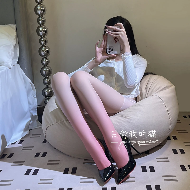 渐变粉色丝袜情调甜美lolita女白丝开档黑色丝袜性感糖果色连裤袜