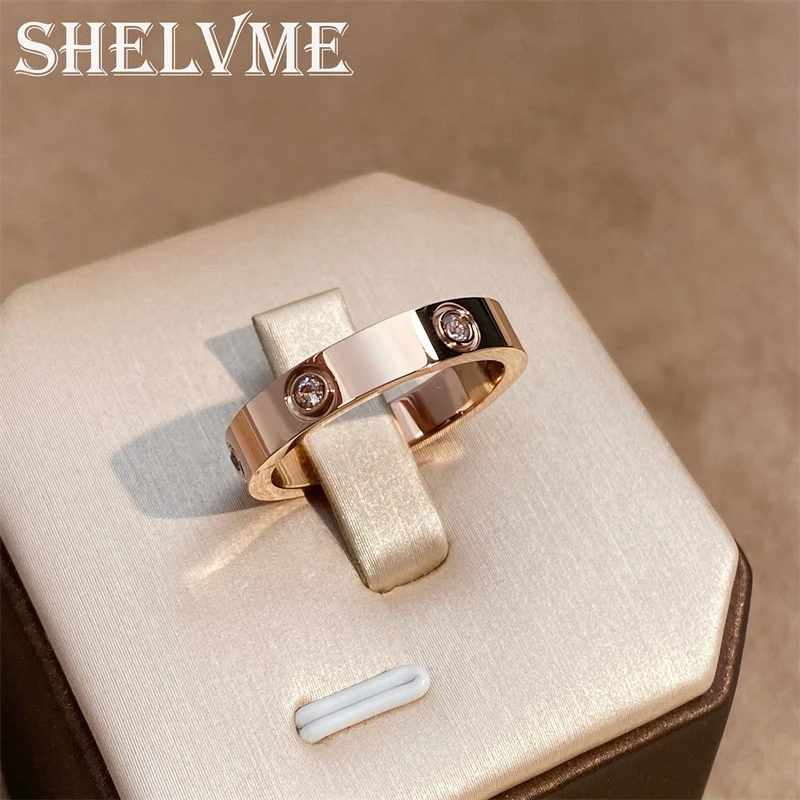 钛钢合成锆石戒指 【SHELVME】六钻经典带钻戒指满钻婚戒男女款对戒