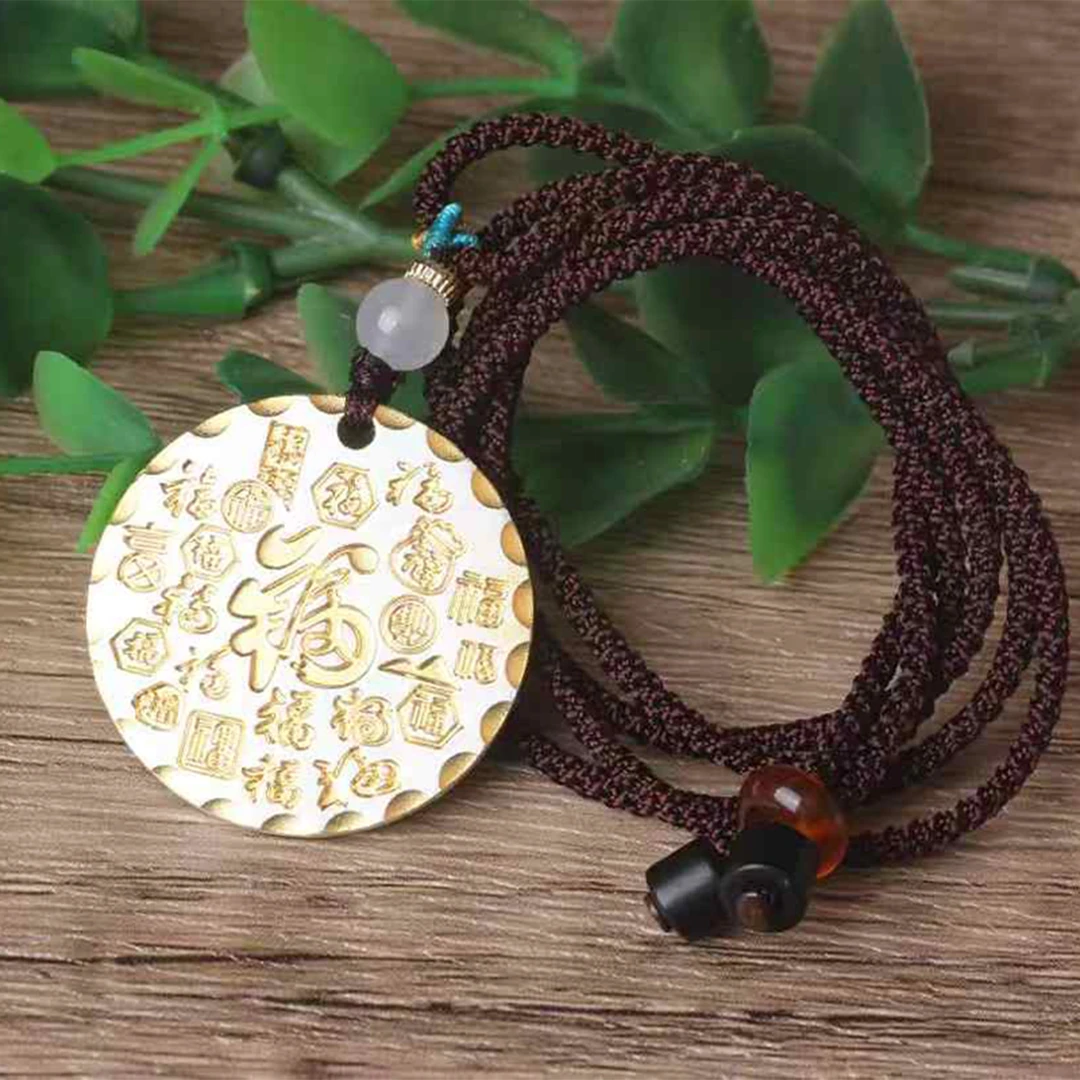 吊坠足银 描金平安喜乐吉言圆牌男士项链百搭民族风宫廷精美白色