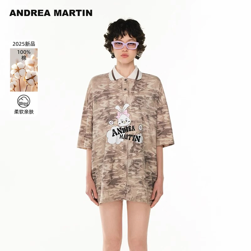 Andrea Martin2025春夏新款迷彩印花T恤女短袖宽松翻领中长款上衣