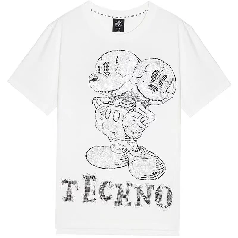 爆款-TECHNO CHILLOUT HOUSE潮牌时尚重工烫钻宽松T恤T21110C6179