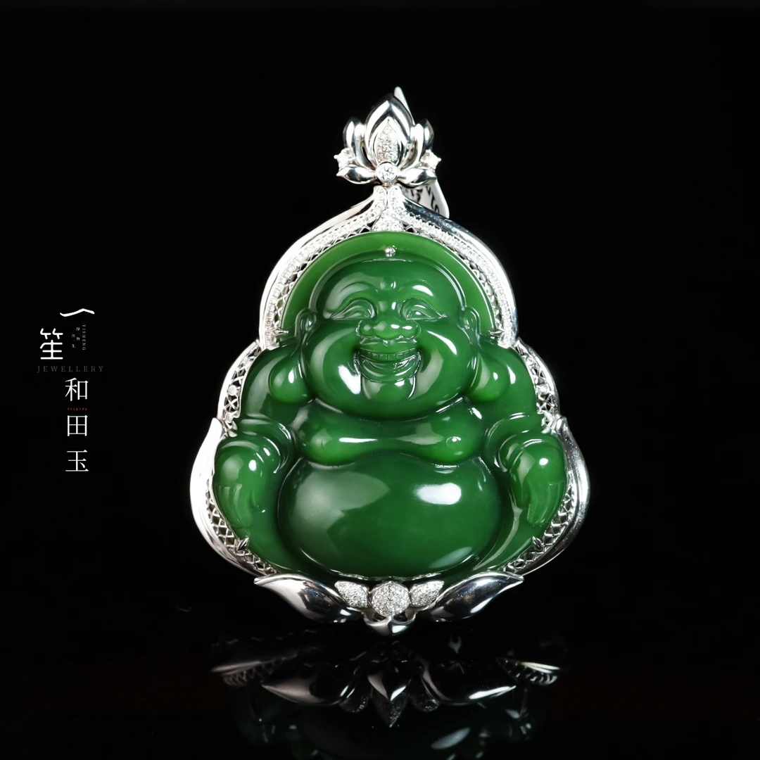 【一笙珠宝】传世级和田玉俄7碧玉佛公吊坠18k金镶嵌 YS21889