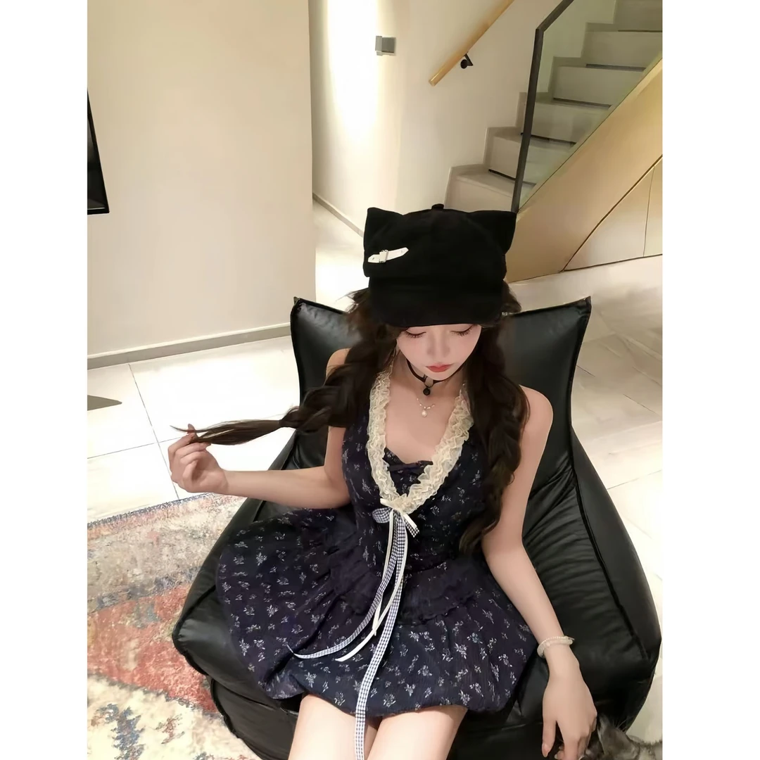 蓝屿花叙 夏季新款纯欲风温婉大方甜美可爱显瘦修身设计感连衣裙