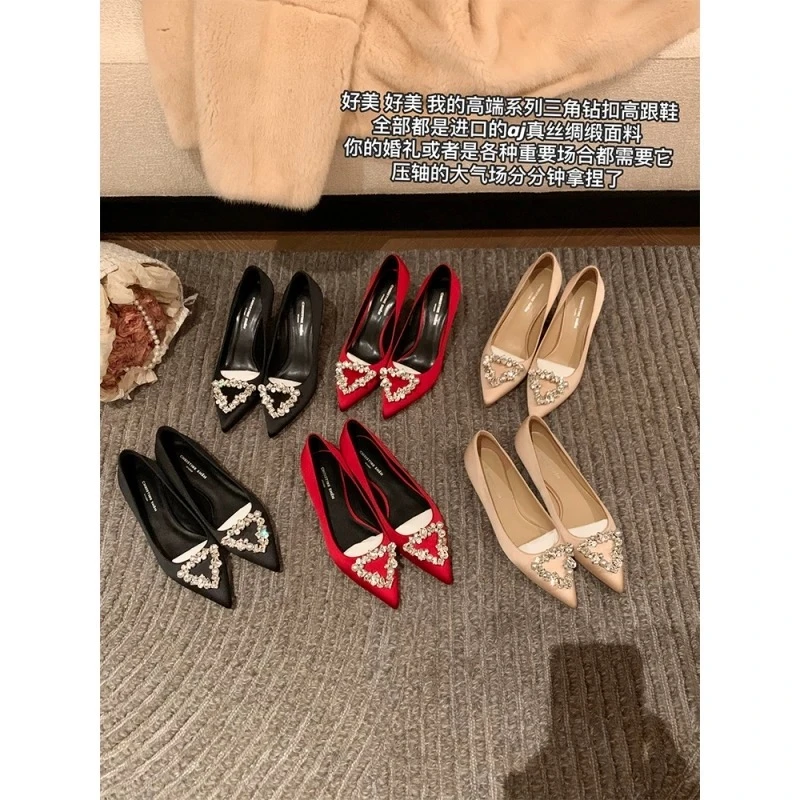 【sheii苏茵茵】高端系列~尖头三角钻扣真丝平底单鞋女高跟鞋婚鞋