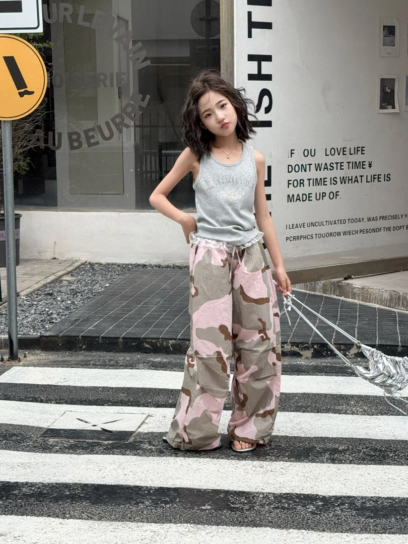 2025夏季女童高街复古迷彩腰带蕾丝花边美式潮牌百搭休闲阔腿裤