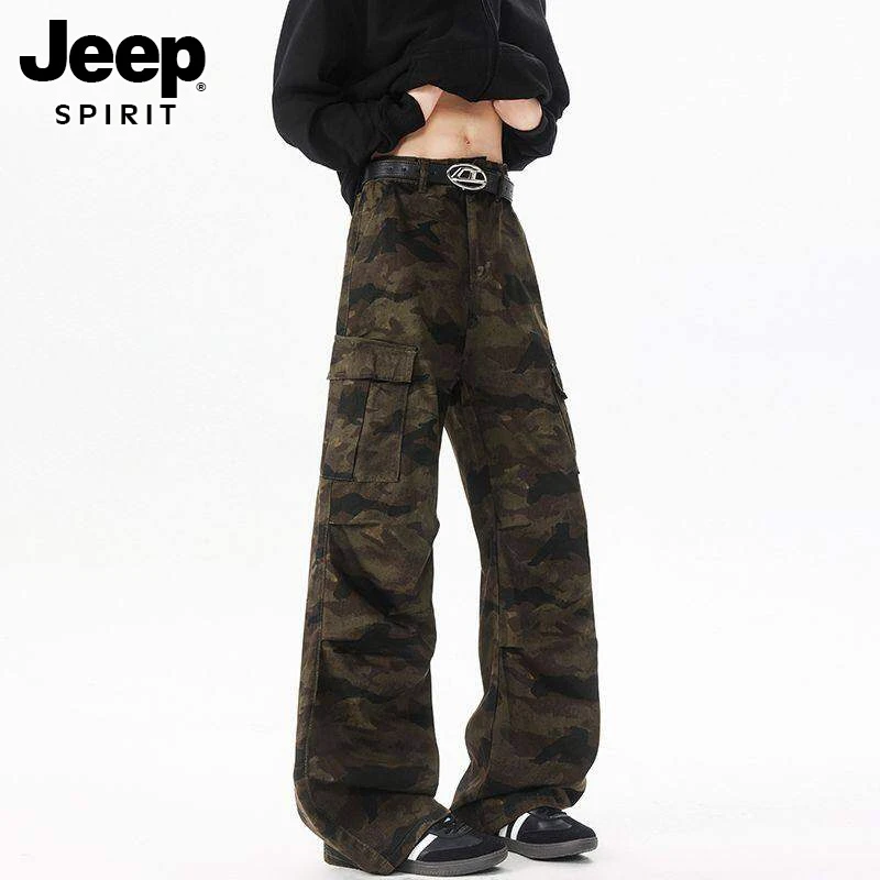 JEEPSPIRIT美式复古迷彩马蹄工装裤潮牌印花嘻哈宽松显瘦微喇裤