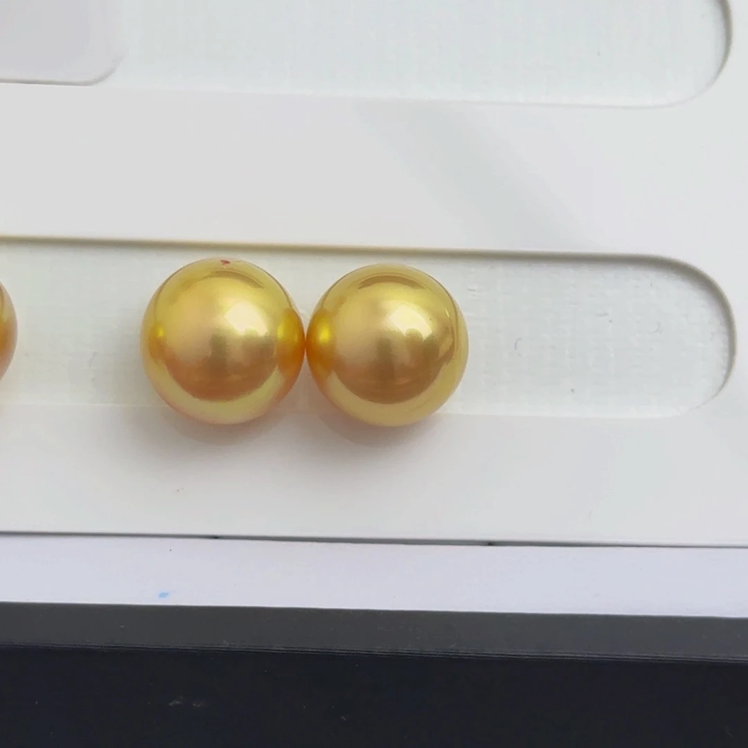 海水珍珠裸珠天然南洋金珠对珠12.9mm