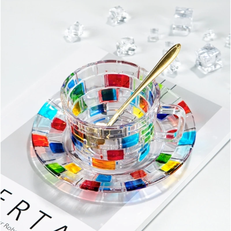 轻奢彩色手绘玻璃咖啡杯手工网红透明耐热咖啡杯