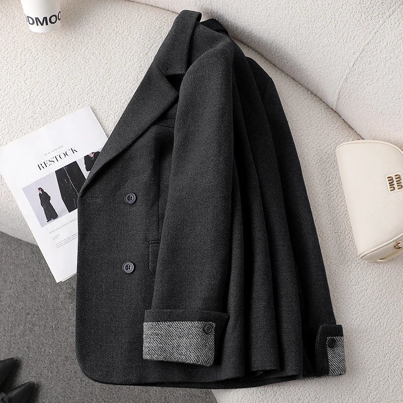黑色毛呢西装外套女高级感秋冬2025新款小个子休闲气质羊毛小西服