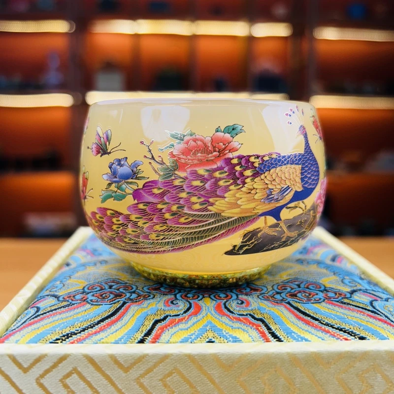 正品《富贵荣华》琥珀黄琉璃玉瓷罗汉杯/容量160毫升/带礼盒