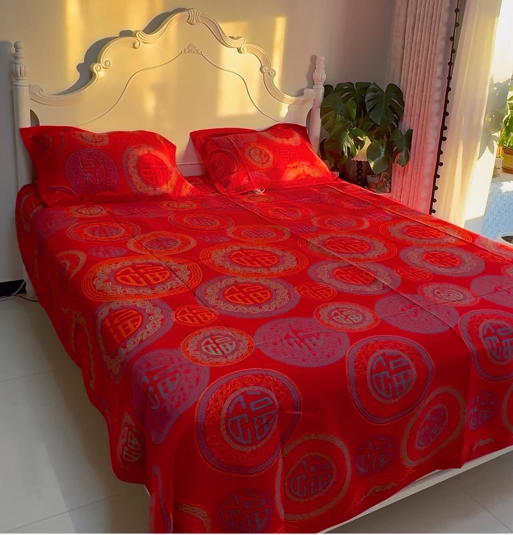 【大红色福中福床盖】加厚纯棉多层纱布床盖精梳棉母婴A类保暖