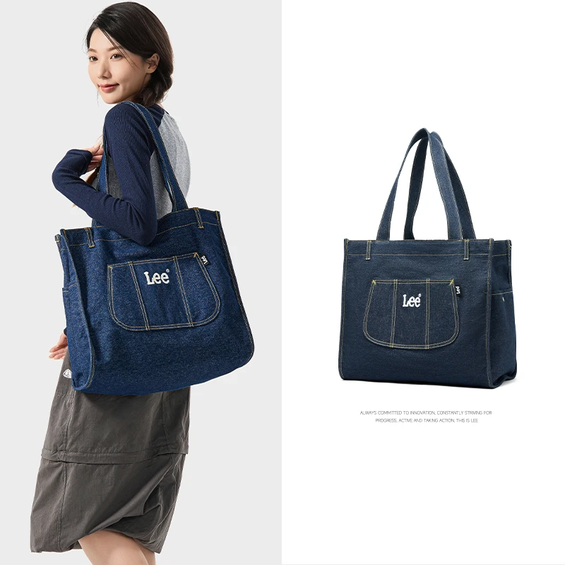 Lee牛仔包女款单肩包时尚通勤托特包大容量男手提包帆布包腋下包