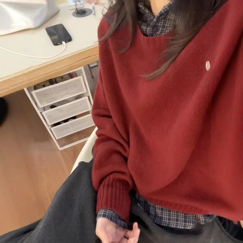 新年红色套头毛衣女2025秋冬新款韩系气质百搭圆领针织衫上衣ins