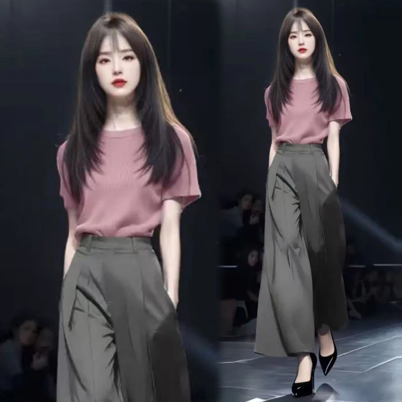 拉夏贝尔时尚套装女2025夏季新款高级感短袖T恤上衣阔腿裤两件套