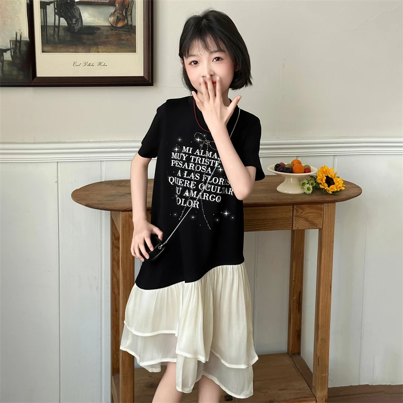 女童夏装连衣裙2025新款儿童夏季烫钻短袖T恤裙女孩休闲拼接裙子