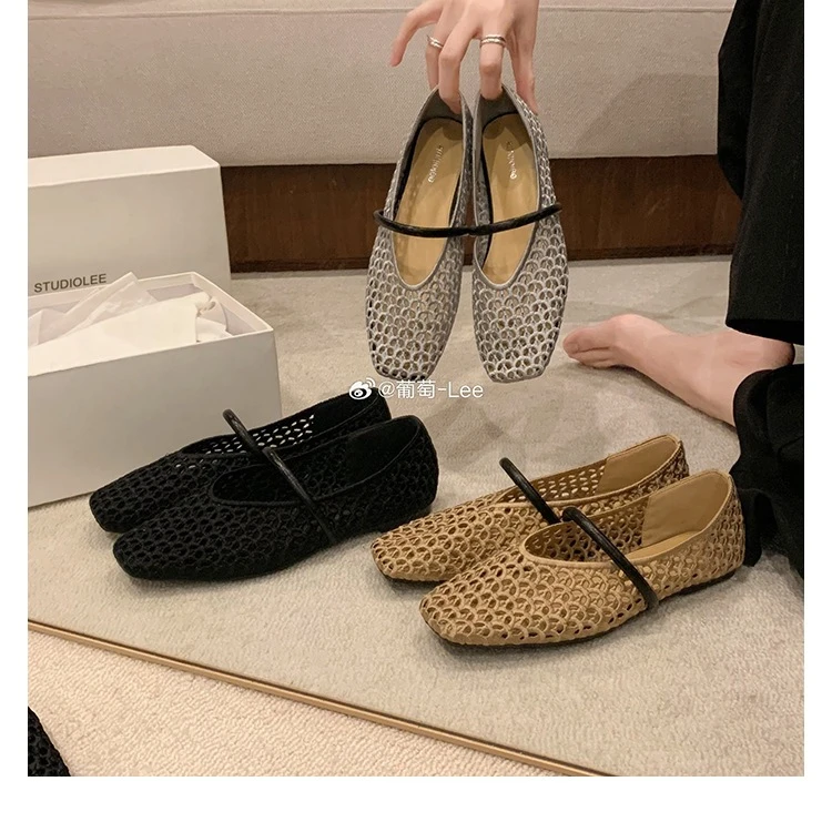 法式方头镂空编织一字带浅口单鞋软底休闲