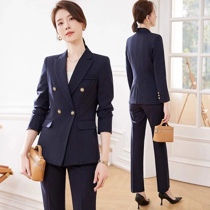条纹西装套装女高档职业装工作服商务正装英伦风西服套装气质秋冬